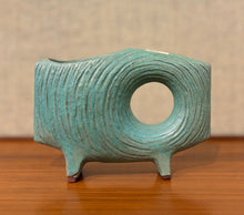 Load image into Gallery viewer, Modernist Japanese Ikebana vessel in light green teal glaze with offset circular opening