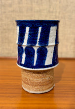 Load image into Gallery viewer, Vase with vertical blue motif and partial unglazed section by Inger Persson for Rörstrand