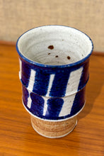 Load image into Gallery viewer, Vase with vertical blue motif and partial unglazed section by Inger Persson for Rörstrand