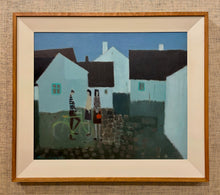 Load image into Gallery viewer, 'Village Scene with Three Figures and Bicycle' by Fabian Lundqvist