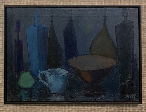 'Komposition med flasker og kobber skål' (Composition with Bottle and Copper Bowl) by Benny Aage Møller