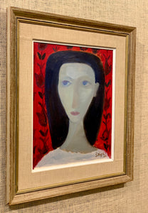 'Black Haired Woman on Red Background' by Stig Lindberg