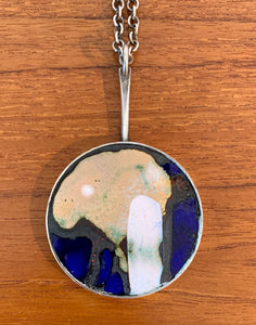 Modernist abstract enamel pendant necklace in cobalt blue, champagne and white by Børge Nielsen