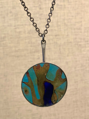 Modernist abstract enamel pendant necklace in turquoise, gold and cobalt blue by Børge Nielsen