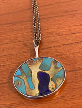 Load image into Gallery viewer, Modernist abstract enamel pendant necklace in turquoise, gold and cobalt blue by Børge Nielsen