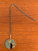 Load image into Gallery viewer, Modernist abstract enamel pendant necklace in turquoise, gold and cobalt blue by Børge Nielsen