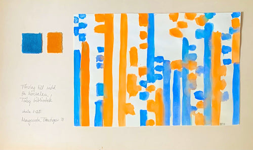 'Proposal for a Curtain for the Täby Library Auditorium' (orange and blue abstract design) by Margareta Treutiger